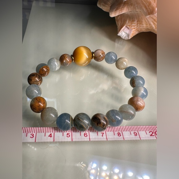 LEMURIAN AQUATINE + YELLOW TIGERS NATURAL STONES BRACELET size 7” - Picture 10 of 10